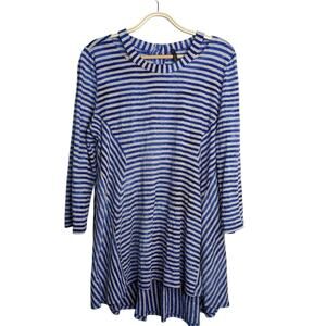 IC Connie K Tunic Swing Tunic Top Large Grey Blue Striped Cutout Neck Lagenlook